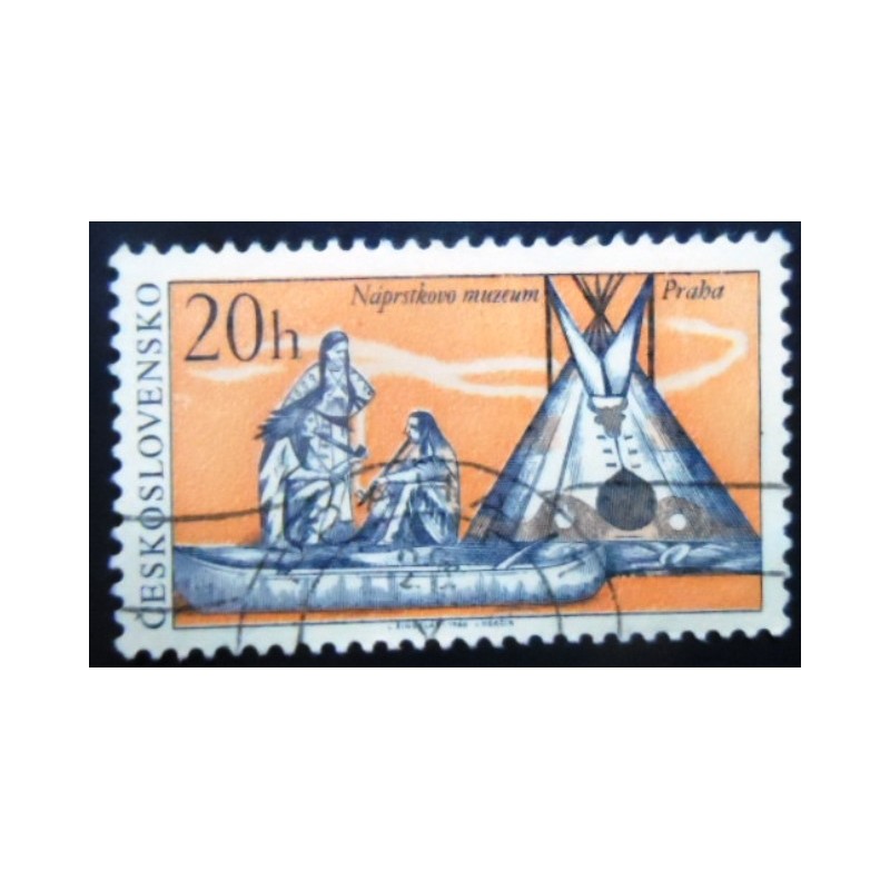 Selo postal da Tchecoslováquia de 1966 Indians canoe and tepee