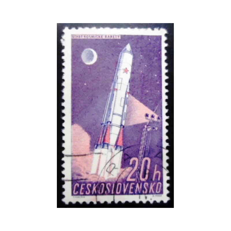 Selo postal da Tchecoslováquia de 1961 Rocket Launching