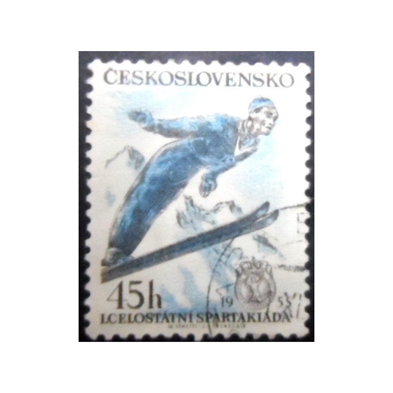 Selo postal da Tchecoslováquia de 1955 Ski jumper