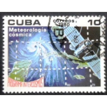 Selo postal de Cuba de 1980 Satellite grid lines and map