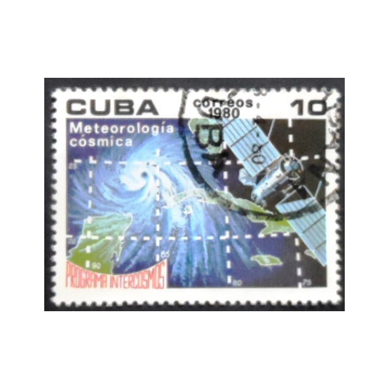 Selo postal de Cuba de 1980 Satellite grid lines and map