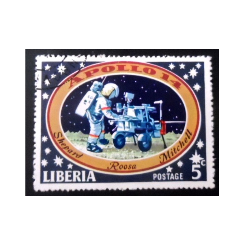 Selo postal da Libéria de 1971 Astronaut and lunar transport veichele