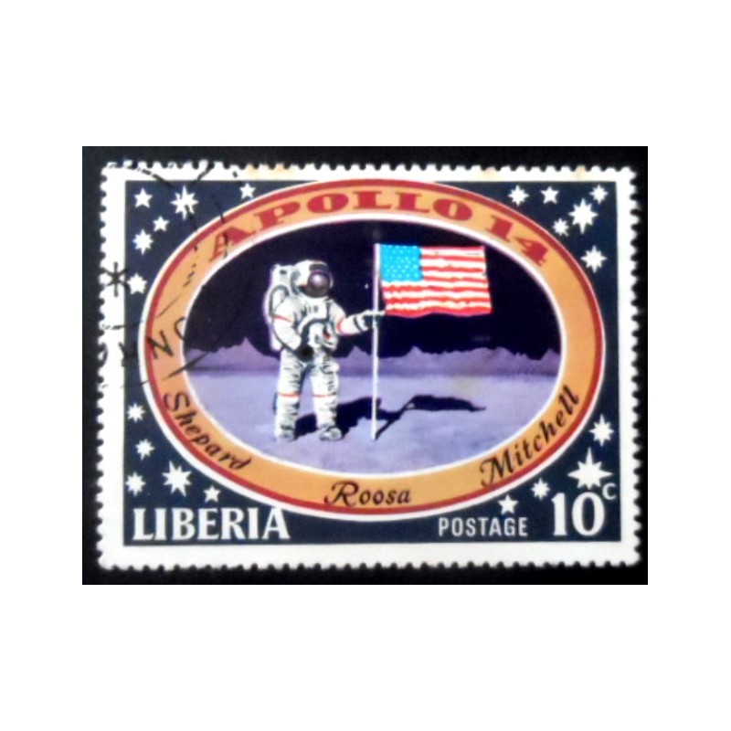 Selo postal da Libéria de 1971Astronauts with US flag on moon