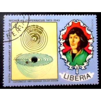 Selo postal da Libéria de 1973 Solar System and N. Copernicus