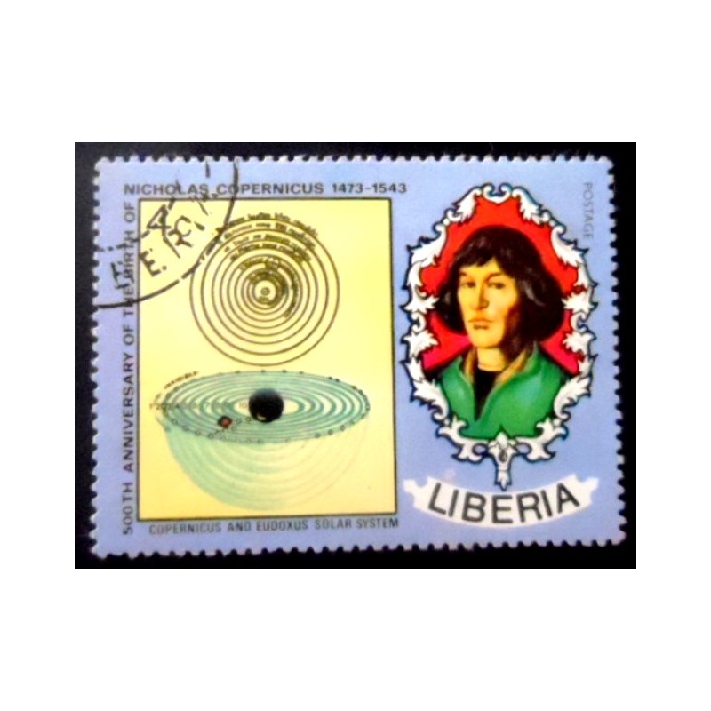 Selo postal da Libéria de 1973 Solar System and N. Copernicus