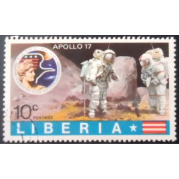 Selo postal da Libéria de 1973 Moon Rocks Picking