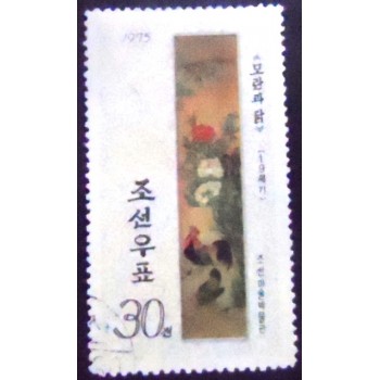 imagem do Selo postal da Coréia do Norte de 1975 Tree Peony and Red Junglefowl