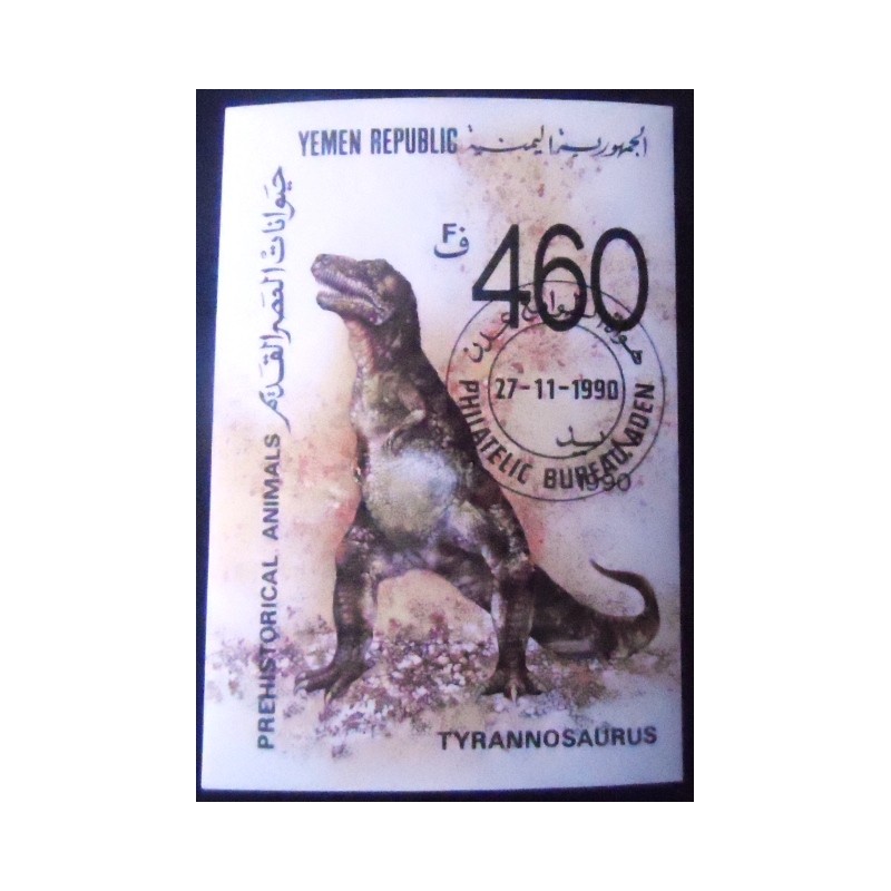 Imagem do Bloco postal da Rep. Yemen de 1990 Tyrannosaurus