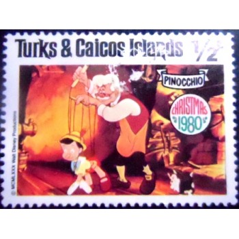 Imagem do Selo postal de Turcas & Caicos de 1980 Gepetto Pinocchio and Figaro
