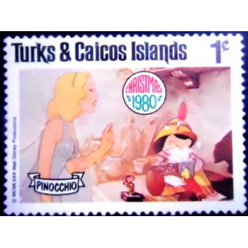 Imagem do Selo postal de Turcas & Caicos de 1980 Pinocchio and the Blue Fairy