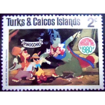 Imagem do Selo postal de Turcas & Caicos de 1980 Pinocchio with Honest John