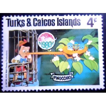 Imagem do Selo postal de Turcas & Caicos de 1980 Pinocchio with a long nose