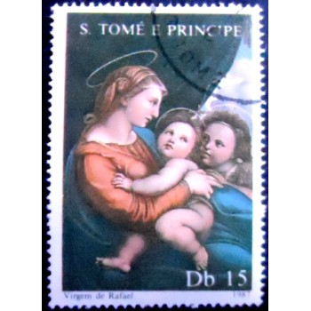 Imagem do selo postal de S. Tomé e Príncipe de 1987 Virgin and Child by Raphael