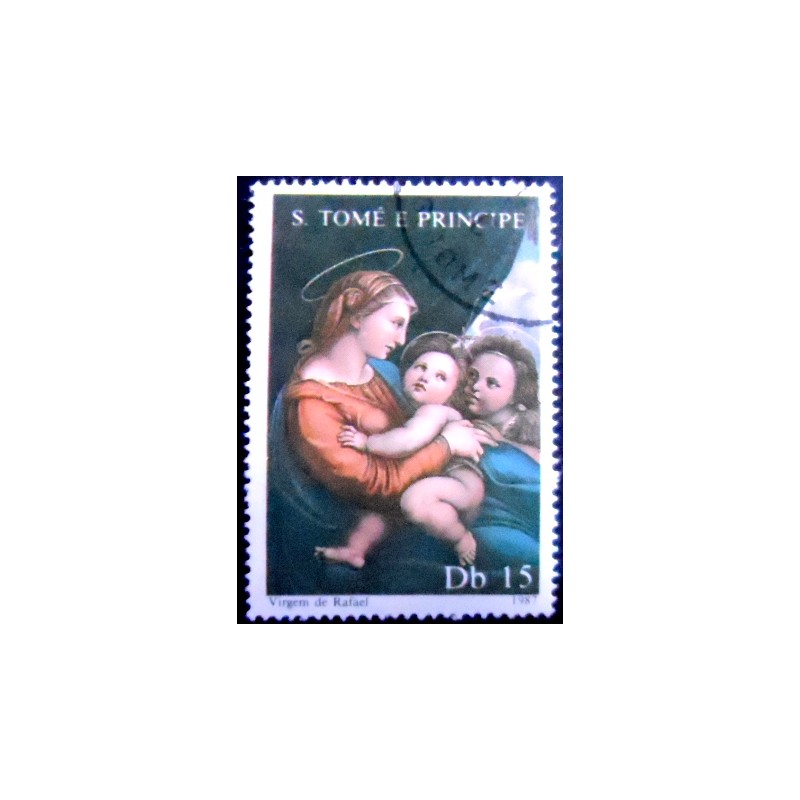 Imagem do selo postal de S. Tomé e Príncipe de 1987 Virgin and Child by Raphael
