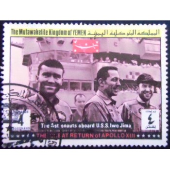 Imagem do selo postal do Reino do Yemen de 1969 Apollo 13 Great Return