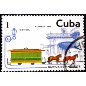 Imagem do selo postal de Cuba de 1981 Horse-drawn Tram