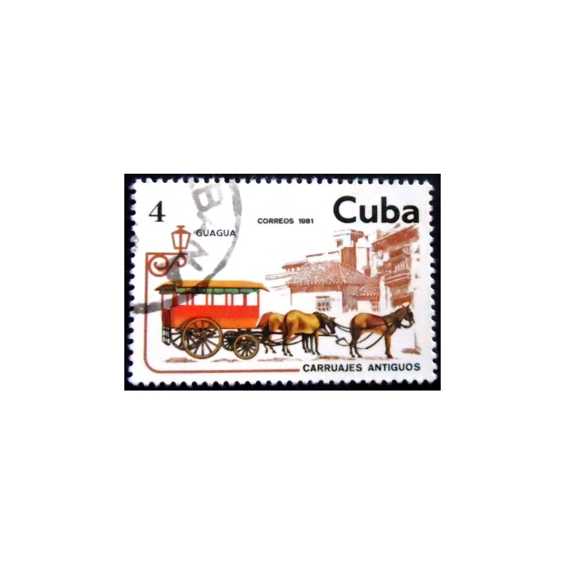 Imagem do selo postal de Cuba de 1981 Horse bus