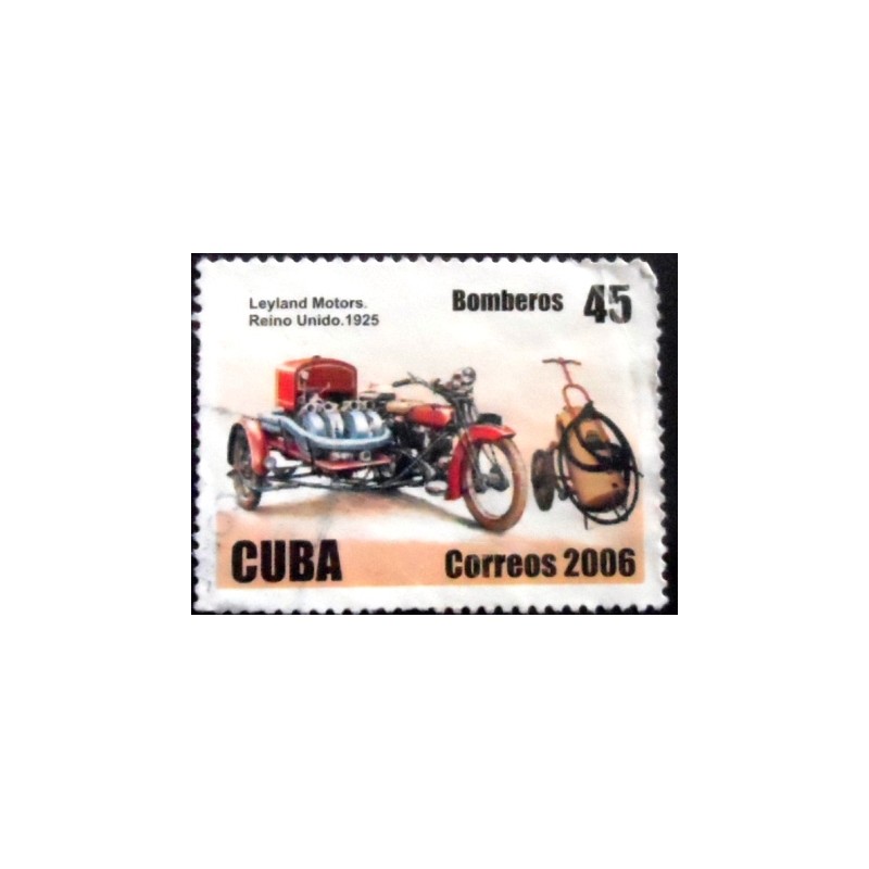 Imagem do selo postal de Cuba de 2006 Leyland Motors pumper motorcycle