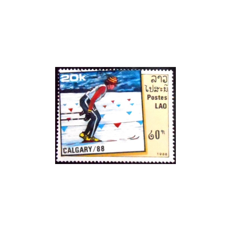 Imagem do selo postal do Laos de 1988 Ski Race