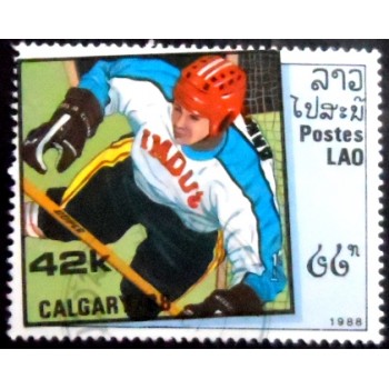 Imagem do selo postal do Laos de 1988 Ice Hockey