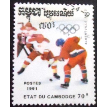 Imagem do selo postal do Cambodja de 1991 Ice Hockey