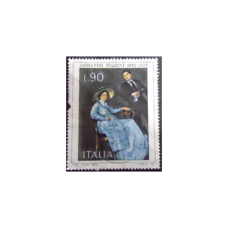 Imagem do selo postal da Itália de 1975 Autoritratto com la Moglie
