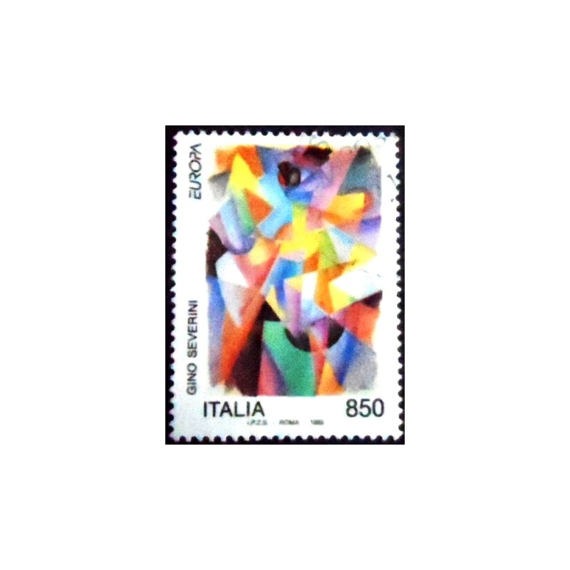 Imagem do selo postal da Itália de 1993 Contemporany Art Dynamism of Colored Shapes