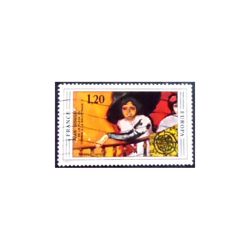 Imagem do selo postal da França de 1975 Woman on the railing