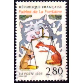 Imagem do selo da França de 1995 The cat the weasel and the rabbit