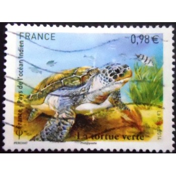 Imagem do selo postal da França de 2014 Green Sea Turtle