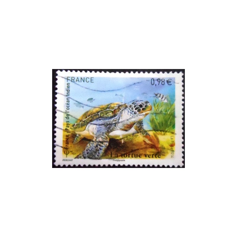 Imagem do selo postal da França de 2014 Green Sea Turtle