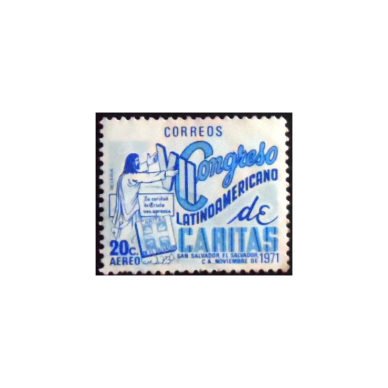 Imagem do selo postal de El Salvador de 1975 Jesus and Caritas Emblem