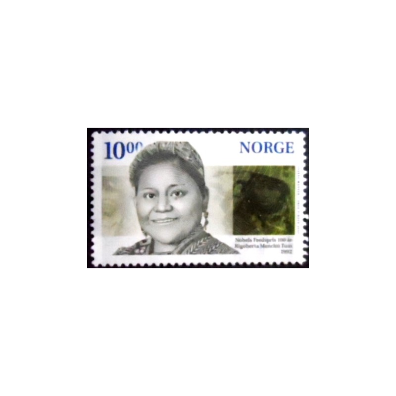 Imagem do selo postal da Noruega de 2001 Rigoberta Menchú Tum