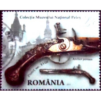 Imagem do selo postal da Romênia de 2017 Persian Flintlock Pistol