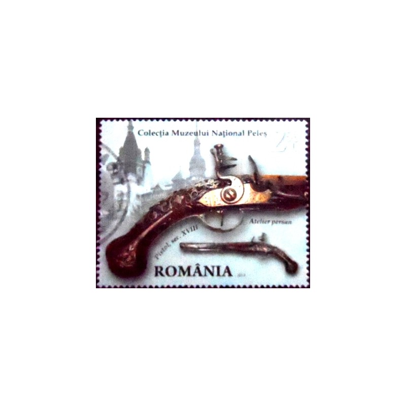 Imagem do selo postal da Romênia de 2017 Persian Flintlock Pistol