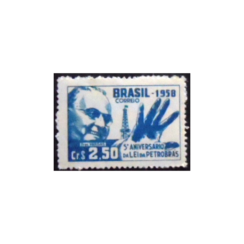 Imagem do selo postal do Brasil de 1958 Lei da Petrobrás M