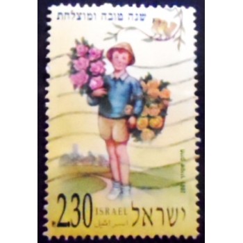 Imagem do selo postal de Israel de 2001 Country boy holding flowers