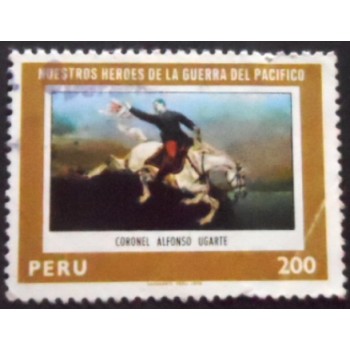 Imagem do selo postal do Peru de 1979 Alfonso Ugarte on horseback