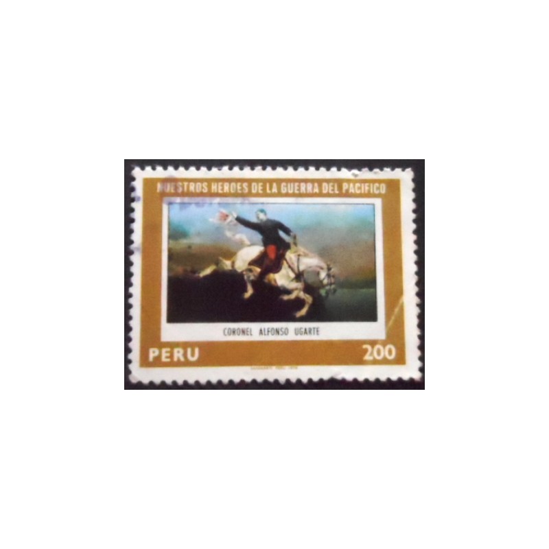 Imagem do selo postal do Peru de 1979 Alfonso Ugarte on horseback