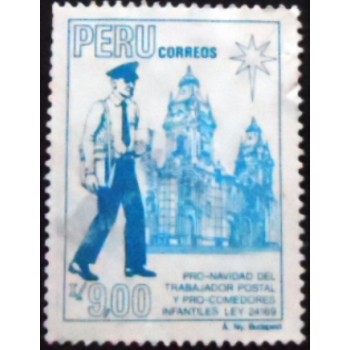 Imagem do selo postal do Peru de 1988 Postmen and Cathedral