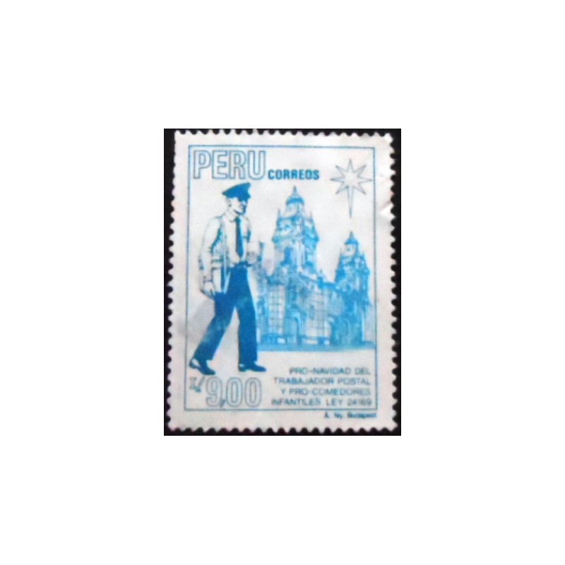 Imagem do selo postal do Peru de 1988 Postmen and Cathedral